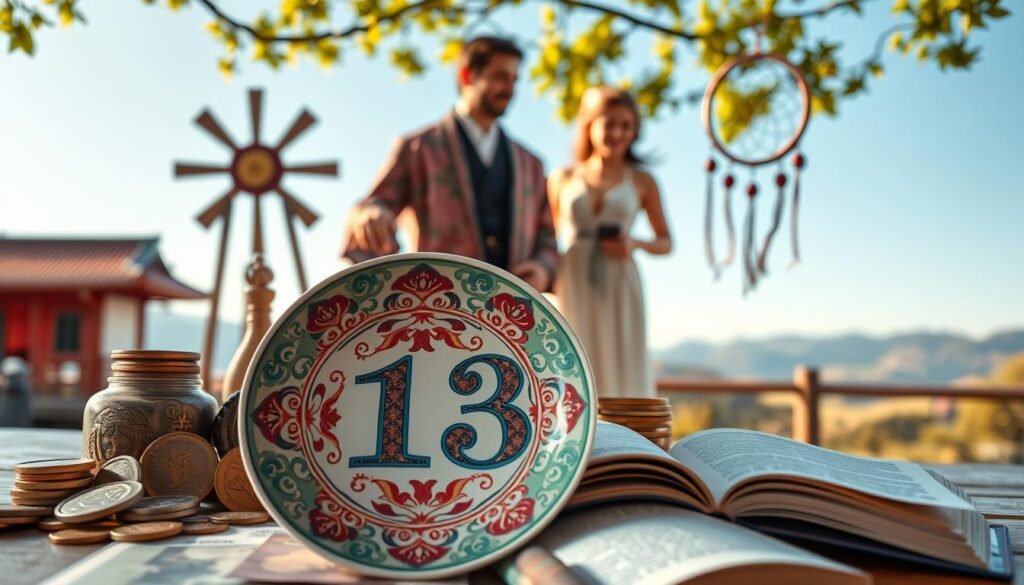 A beautifully arranged composition highlighting the significance of the number 13 across diverse cultures. In the foreground, a vibrant, ornate decorative plate featuring the number 13 in intricate designs, surrounded by symbolic items representing different cultures, such as a lucky horseshoe, Chinese coins, and a dreamcatcher. The middle ground includes traditional representations of various cultures, like a Japanese man in a kimono and an Italian woman wearing a sundress, engaged in camaraderie, showcasing their unique interpretations of luck. The background features a serene, picturesque landscape with soft, warm lighting, creating an inviting atmosphere. Shot with a shallow depth of field using a 50mm lens, the image should evoke a sense of joy and cultural harmony, emphasizing 13 as a lucky number in a rich tapestry of global traditions. A beautifully arranged composition highlighting the significance of the number 13 across diverse cultures. In the foreground, a vibrant, ornate decorative plate featuring the number 13 in intricate designs, surrounded by symbolic items representing different cultures, such as a lucky horseshoe, Chinese coins, and a dreamcatcher. The middle ground includes traditional representations of various cultures, like a Japanese man in a kimono and an Italian woman wearing a sundress, engaged in camaraderie, showcasing their unique interpretations of luck. The background features a serene, picturesque landscape with soft, warm lighting, creating an inviting atmosphere. Shot with a shallow depth of field using a 50mm lens, the image should evoke a sense of joy and cultural harmony, emphasizing 13 as a lucky number in a rich tapestry of global traditions.