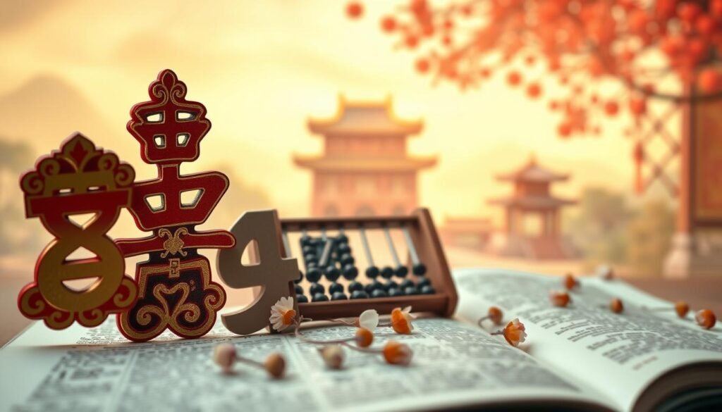A beautifully arranged display of lucky and unlucky number combinations in Chinese culture. The foreground features ornate Chinese characters representing the numbers 8 and 9, symbolizing good fortune and prosperity, highlighted with golden accents. Nearby, the numbers 4 and 7, viewed as unlucky, are depicted in muted tones, possibly surrounded by delicate, wilted flowers to signify misfortune. In the middle ground, a traditional Chinese abacus is elegantly placed, bridging the concepts of luck and chance. In the background, a soft-focus depiction of a serene temple bathed in warm, golden lighting adds a calming atmosphere. The mood is reflective and insightful, aiming to educate viewers about the rich symbolism surrounding numbers in Chinese culture. The angle is slightly elevated, capturing the entire setup harmoniously. A beautifully arranged display of lucky and unlucky number combinations in Chinese culture. The foreground features ornate Chinese characters representing the numbers 8 and 9, symbolizing good fortune and prosperity, highlighted with golden accents. Nearby, the numbers 4 and 7, viewed as unlucky, are depicted in muted tones, possibly surrounded by delicate, wilted flowers to signify misfortune. In the middle ground, a traditional Chinese abacus is elegantly placed, bridging the concepts of luck and chance. In the background, a soft-focus depiction of a serene temple bathed in warm, golden lighting adds a calming atmosphere. The mood is reflective and insightful, aiming to educate viewers about the rich symbolism surrounding numbers in Chinese culture. The angle is slightly elevated, capturing the entire setup harmoniously.