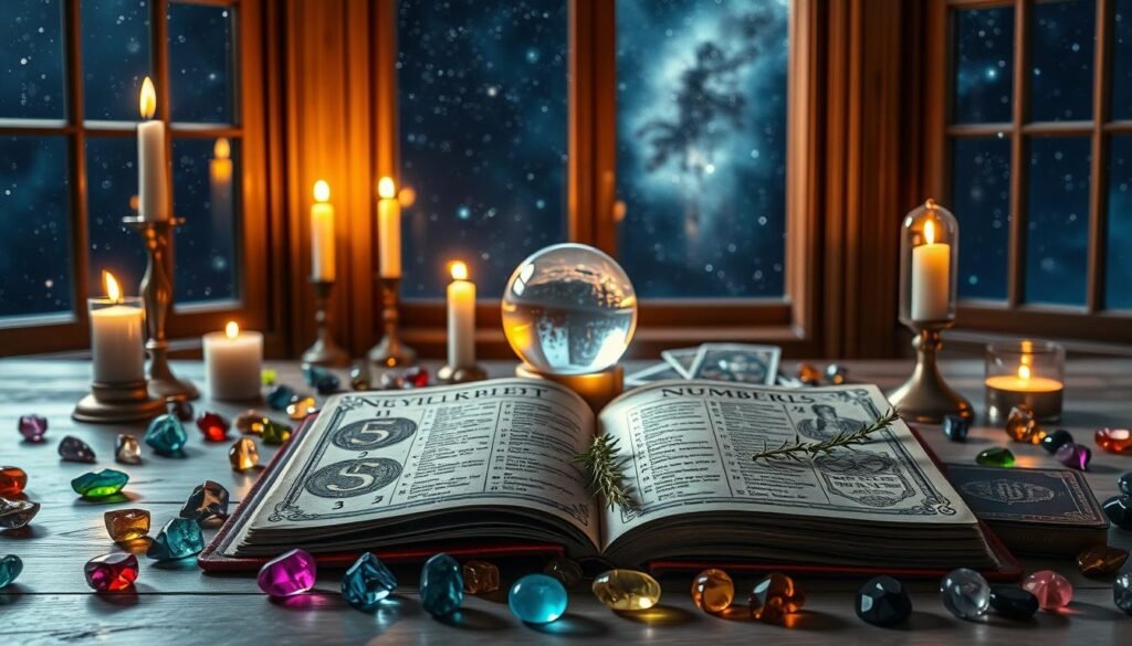 A beautifully arranged numerology scene depicting a mystical table filled with colorful gemstones representing lucky numbers. In the foreground, an open ancient book of numerology, with intricate illustrations of numbers and symbols, is highlighted by soft, warm candlelight. In the middle ground, a crystal ball glows subtly, and a set of tarot cards are delicately placed beside it, surrounded by a few freshly picked herbs for good fortune. The background features a mesmerizing starry night sky visible through a large window, casting gentle shadows. The atmosphere is serene and contemplative, evoking curiosity and wonder about the unseen powers of numbers. The lighting is soft and inviting, with a focus on creating an enchanting and mystical ambiance. A beautifully arranged numerology scene depicting a mystical table filled with colorful gemstones representing lucky numbers. In the foreground, an open ancient book of numerology, with intricate illustrations of numbers and symbols, is highlighted by soft, warm candlelight. In the middle ground, a crystal ball glows subtly, and a set of tarot cards are delicately placed beside it, surrounded by a few freshly picked herbs for good fortune. The background features a mesmerizing starry night sky visible through a large window, casting gentle shadows. The atmosphere is serene and contemplative, evoking curiosity and wonder about the unseen powers of numbers. The lighting is soft and inviting, with a focus on creating an enchanting and mystical ambiance.