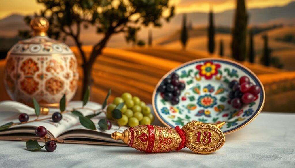 A beautifully arranged still life featuring a traditional Italian charm symbolizing good fortune, specifically a representation of the number 13 intertwined with vibrant Italian motifs. In the foreground, display a finely crafted cornicello (horn charm) in gold or bright red, embellished with intricate patterns. The middle ground should include an elegant ceramic plate decorated with colorful traditional Italian designs, showcasing grapes or olives, evoking a sense of abundance. In the background, softly lit Tuscan landscape with rolling hills and cypress trees under a golden sunset, enhancing the warmth of the scene. The lighting should be soft and inviting, creating a serene atmosphere, reminiscent of Italian culture and tradition. Focus on capturing the essence of luck and the charm of Italy in this composition.