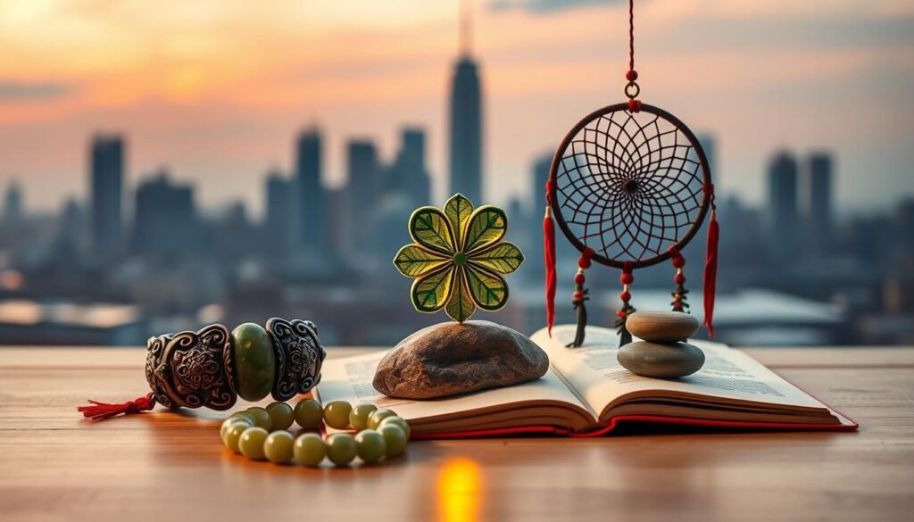 A beautifully arranged still life featuring four culturally significant items symbolizing the number four from various traditions. In the foreground, an ornate Chinese jade bracelet represents luck, beside it a vibrant Native American dreamcatcher symbolizing protection. In the middle, a traditional Indian "four-leaf clover" sculpture gleams invitingly, with a small Zen garden rock set for balance. The background showcases a soft, blurry silhouette of a city skyline during twilight, with warm ambient lighting casting gentle shadows. The mood is serene and contemplative, evoking a sense of harmony and cultural richness. The composition is shot from a slightly elevated angle to add depth, highlighting the contrast between the intricate details of the objects and the soft glow of the background. A beautifully arranged still life featuring four culturally significant items symbolizing the number four from various traditions. In the foreground, an ornate Chinese jade bracelet represents luck, beside it a vibrant Native American dreamcatcher symbolizing protection. In the middle, a traditional Indian "four-leaf clover" sculpture gleams invitingly, with a small Zen garden rock set for balance. The background showcases a soft, blurry silhouette of a city skyline during twilight, with warm ambient lighting casting gentle shadows. The mood is serene and contemplative, evoking a sense of harmony and cultural richness. The composition is shot from a slightly elevated angle to add depth, highlighting the contrast between the intricate details of the objects and the soft glow of the background.