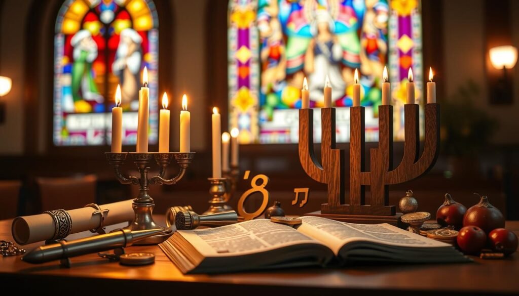 A beautifully arranged still life represents the significance of the number 18 in Jewish tradition. In the foreground, an elegant, handcrafted wooden menorah is lit, casting warm flickering candlelight. Surrounding it, small symbolic items like a silver mezuzah, a Torah scroll, and the Hebrew letters "chai" (חי) are artfully positioned, embodying life and blessings. The middle ground features traditional Jewish artifacts, such as gold coins and pomegranate motifs, to emphasize prosperity and abundance. In the background, a softly blurred image of a synagogue's stained glass window creates a spiritual atmosphere, with vivid colors reflecting the light. The overall mood is warm, inviting, and contemplative, with soft, natural lighting to enhance the sacred feel of the scene, captured with a slight vignette effect for depth. A beautifully arranged still life represents the significance of the number 18 in Jewish tradition. In the foreground, an elegant, handcrafted wooden menorah is lit, casting warm flickering candlelight. Surrounding it, small symbolic items like a silver mezuzah, a Torah scroll, and the Hebrew letters "chai" (חי) are artfully positioned, embodying life and blessings. The middle ground features traditional Jewish artifacts, such as gold coins and pomegranate motifs, to emphasize prosperity and abundance. In the background, a softly blurred image of a synagogue's stained glass window creates a spiritual atmosphere, with vivid colors reflecting the light. The overall mood is warm, inviting, and contemplative, with soft, natural lighting to enhance the sacred feel of the scene, captured with a slight vignette effect for depth.