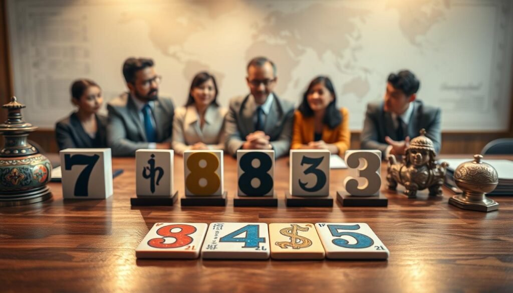 A beautifully arranged table featuring a collection of culturally significant lucky numbers, illustrated through intricate symbols and diverse artifacts. In the foreground, a polished wooden surface displays vibrant number tiles representing different cultures, such as the number 7 (Western), 8 (Chinese), and 3 (Hindu) adorned with traditional motifs. In the middle ground, softly focused images of diverse individuals in professional attire, discussing the meaning of these numbers, with expressions of curiosity and intrigue. The background includes faint depictions of a world map, symbolizing the global nature of numerology, under soft, warm lighting to create an inviting atmosphere. The entire scene is captured from a slightly elevated angle, emphasizing the connection between culture and numbers while maintaining a harmonious, serene mood. A beautifully arranged table featuring a collection of culturally significant lucky numbers, illustrated through intricate symbols and diverse artifacts. In the foreground, a polished wooden surface displays vibrant number tiles representing different cultures, such as the number 7 (Western), 8 (Chinese), and 3 (Hindu) adorned with traditional motifs. In the middle ground, softly focused images of diverse individuals in professional attire, discussing the meaning of these numbers, with expressions of curiosity and intrigue. The background includes faint depictions of a world map, symbolizing the global nature of numerology, under soft, warm lighting to create an inviting atmosphere. The entire scene is captured from a slightly elevated angle, emphasizing the connection between culture and numbers while maintaining a harmonious, serene mood.
