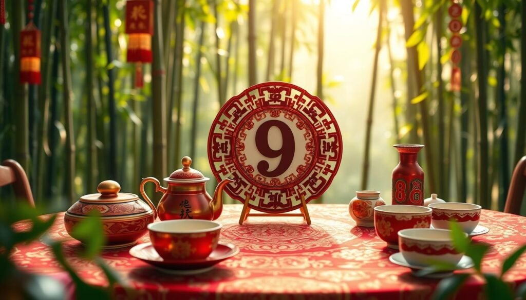 A beautifully arranged table showcasing the basics of lucky numbers in Chinese culture, featuring symbolic elements. In the foreground, a vibrant red and gold tablecloth with a traditional Chinese tea set, adorned with auspicious symbols representing luck and prosperity. In the middle, an intricately designed decorative plate displays the number 9, surrounded by other luck-associated numbers like 8 and 6, made of ceramic in traditional Chinese art style. In the background, a serene bamboo forest, adding a natural, peaceful atmosphere with soft sunlight filtering through the leaves. The mood is positive and harmonious, evoking a sense of cultural richness. The lighting is warm and inviting, emphasizing the textures of the fabric and ceramics. Use a slight depth of field to focus on the table items while gently blurring the background.
