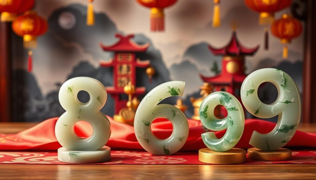A beautifully arranged tabletop featuring the numbers 8, 6, and 9, which are considered lucky in Chinese culture, crafted from elegant jade and gold. In the foreground, a vibrant red and gold silk fabric serves as a backdrop, symbolizing prosperity and fortune. The middle layer includes traditional Chinese ornaments such as lanterns and coins, subtly illuminated to enhance their shimmering effects. The background features a soft-focus image of a serene Chinese landscape, evoking harmony and balance. The lighting is warm and inviting, casting gentle shadows and highlights on the surfaces, creating a festive yet peaceful atmosphere. Capture this scene with a slight depth of field, emphasizing the foreground elements while softly blurring the background for a cohesive, enchanting image.
