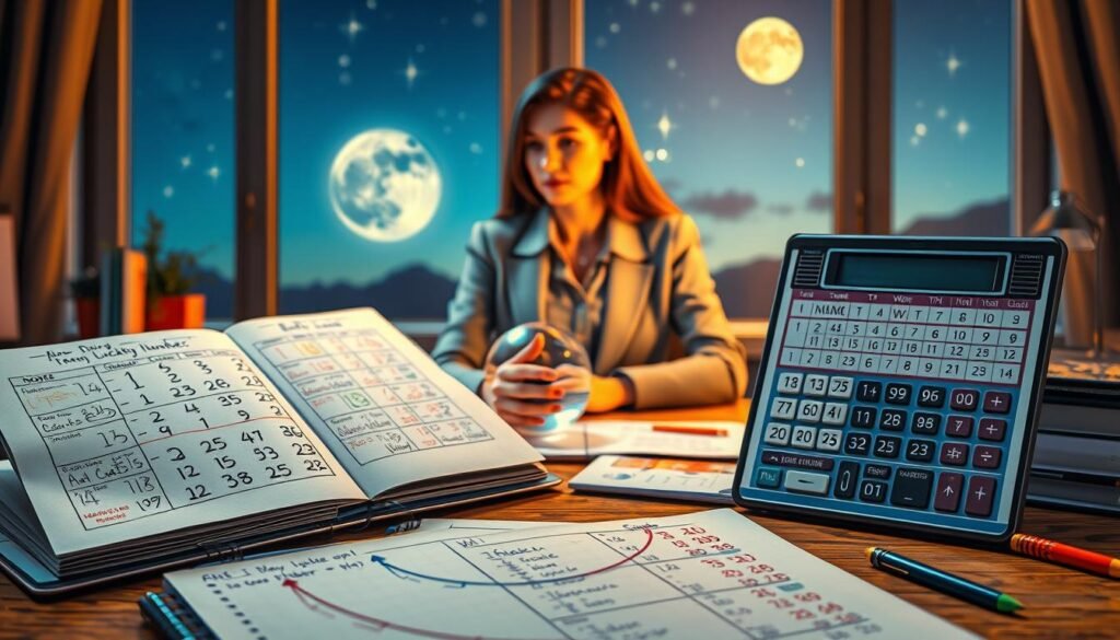 A beautifully arranged workspace representing the process of finding a lucky number from a birth date. In the foreground, a desk with a notebook open, filled with handwritten calculations and astrological symbols. A shining calculator, astrological charts, and a vibrant, colorful birth date calendar are strategically placed. In the middle ground, a woman in professional attire is deep in thought, surrounded by mystical elements like a crystal ball and twinkling stars. The background features a softly blurred window revealing a serene night sky with a full moon. Warm, ambient lighting creates a cozy atmosphere, while a slight bokeh effect adds depth to the scene. The whole composition conveys a sense of wonder and curiosity, inviting the viewer to engage in their own journey of astrological discovery. A beautifully arranged workspace representing the process of finding a lucky number from a birth date. In the foreground, a desk with a notebook open, filled with handwritten calculations and astrological symbols. A shining calculator, astrological charts, and a vibrant, colorful birth date calendar are strategically placed. In the middle ground, a woman in professional attire is deep in thought, surrounded by mystical elements like a crystal ball and twinkling stars. The background features a softly blurred window revealing a serene night sky with a full moon. Warm, ambient lighting creates a cozy atmosphere, while a slight bokeh effect adds depth to the scene. The whole composition conveys a sense of wonder and curiosity, inviting the viewer to engage in their own journey of astrological discovery.