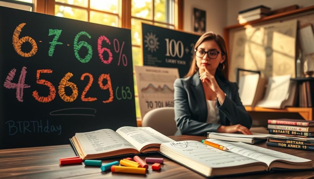 A beautifully arranged workspace scene focusing on the intricate steps of calculating a lucky number based on a birthdate. In the foreground, vibrant numbers and symbols appear, crafted out of colorful chalk on a black chalkboard. Beside it, an open notebook with neatly written calculations, a pencil lying atop. The middle ground showcases a thoughtful person in professional business attire, perhaps a young woman with glasses, pondering over the calculations, surrounded by astrological charts and numerology books. In the background, warm natural light streams through a large window, casting soft shadows that enhance the inviting atmosphere of the room. The overall mood is contemplative and inspiring, evoking a sense of curiosity and wonder about personal fortune. A beautifully arranged workspace scene focusing on the intricate steps of calculating a lucky number based on a birthdate. In the foreground, vibrant numbers and symbols appear, crafted out of colorful chalk on a black chalkboard. Beside it, an open notebook with neatly written calculations, a pencil lying atop. The middle ground showcases a thoughtful person in professional business attire, perhaps a young woman with glasses, pondering over the calculations, surrounded by astrological charts and numerology books. In the background, warm natural light streams through a large window, casting soft shadows that enhance the inviting atmosphere of the room. The overall mood is contemplative and inspiring, evoking a sense of curiosity and wonder about personal fortune.