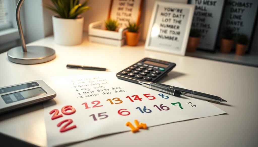 A beautifully arranged workspace showcasing a "Lucky Number Calculation Example," with a clean desk surface featuring an elegant calculator, a sheet of paper filled with handwritten numbers, and a stylish pen. In the foreground, vibrant and colorful birth date numbers are scattered artistically alongside astrological symbols. The middle ground includes a softly glowing desk lamp that enhances the clear, organized layout, casting warm light over the workspace, creating an inviting and thoughtful atmosphere. In the background, there are subtle decorations like potted plants or framed motivational quotes, suggesting an inspiring environment. The scene is well-lit with a focus on clarity and detail, evoking a sense of calm and purpose, ideal for illustrating the concept of finding one's lucky number based on birth date. A beautifully arranged workspace showcasing a "Lucky Number Calculation Example," with a clean desk surface featuring an elegant calculator, a sheet of paper filled with handwritten numbers, and a stylish pen. In the foreground, vibrant and colorful birth date numbers are scattered artistically alongside astrological symbols. The middle ground includes a softly glowing desk lamp that enhances the clear, organized layout, casting warm light over the workspace, creating an inviting and thoughtful atmosphere. In the background, there are subtle decorations like potted plants or framed motivational quotes, suggesting an inspiring environment. The scene is well-lit with a focus on clarity and detail, evoking a sense of calm and purpose, ideal for illustrating the concept of finding one's lucky number based on birth date.
