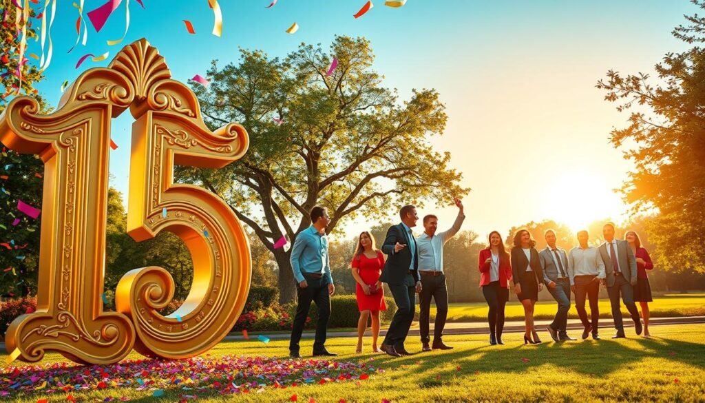 A beautifully composed and vibrant scene depicting the concept of "15 as a lucky number." In the foreground, a large, ornate golden number 15 glimmers in the soft sunlight, surrounded by a cascade of colorful confetti representing joy and celebration. In the middle ground, a serene park setting is visible, with a diverse group of people—men and women in professional attire—celebrating together, laughter and camaraderie evident on their faces. A gentle breeze rustles the leaves of nearby trees. In the background, the sky transitions from bright blue to a warm golden hue, suggesting a magical sunset. The atmosphere is uplifting and harmonious, radiating positivity and good fortune, accentuated by soft, diffused lighting to create a warm glow around the number 15.