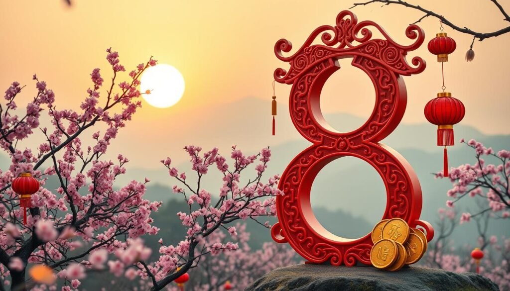 A beautifully crafted depiction of the number 8, intricately designed with traditional Chinese motifs, prominently placed in the foreground. Surrounding the number are vibrant red lanterns and golden coins symbolizing prosperity and good fortune, enhancing its significance in Chinese culture. The middle ground features a serene landscape of cherry blossom trees in full bloom, their pink petals gently falling, adding a touch of elegance and tranquility. In the background, a misty mountain range rises under a soft, golden sunrise, signifying hope and new beginnings. The overall scene is illuminated by warm, diffused lighting, evoking a sense of festivity and happiness. The mood is joyful and celebratory, perfectly aligning with the importance of the number 8 in Chinese culture. A beautifully crafted depiction of the number 8, intricately designed with traditional Chinese motifs, prominently placed in the foreground. Surrounding the number are vibrant red lanterns and golden coins symbolizing prosperity and good fortune, enhancing its significance in Chinese culture. The middle ground features a serene landscape of cherry blossom trees in full bloom, their pink petals gently falling, adding a touch of elegance and tranquility. In the background, a misty mountain range rises under a soft, golden sunrise, signifying hope and new beginnings. The overall scene is illuminated by warm, diffused lighting, evoking a sense of festivity and happiness. The mood is joyful and celebratory, perfectly aligning with the importance of the number 8 in Chinese culture.