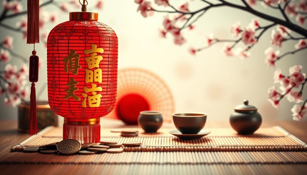 A beautifully crafted scene depicting the lucky number 6 in Chinese culture. In the foreground, a vibrant red lantern features intricately designed golden characters symbolizing prosperity and luck. Surrounding it are traditional Chinese coins, arranged in an auspicious pattern. In the middle ground, a serene tea set rests on a bamboo mat, elegantly showcasing a subtle connection to cultural rituals. The soft lighting creates a warm, inviting atmosphere, accentuated by gentle shadows that add depth. In the background, blurred outlines of cherry blossom trees provide a touch of nature, symbolizing renewal and fortune. Shot from a slightly elevated angle, the image evokes a sense of celebration and reverence for the number 6, encapsulating its significance in Chinese culture without any distractions or text.