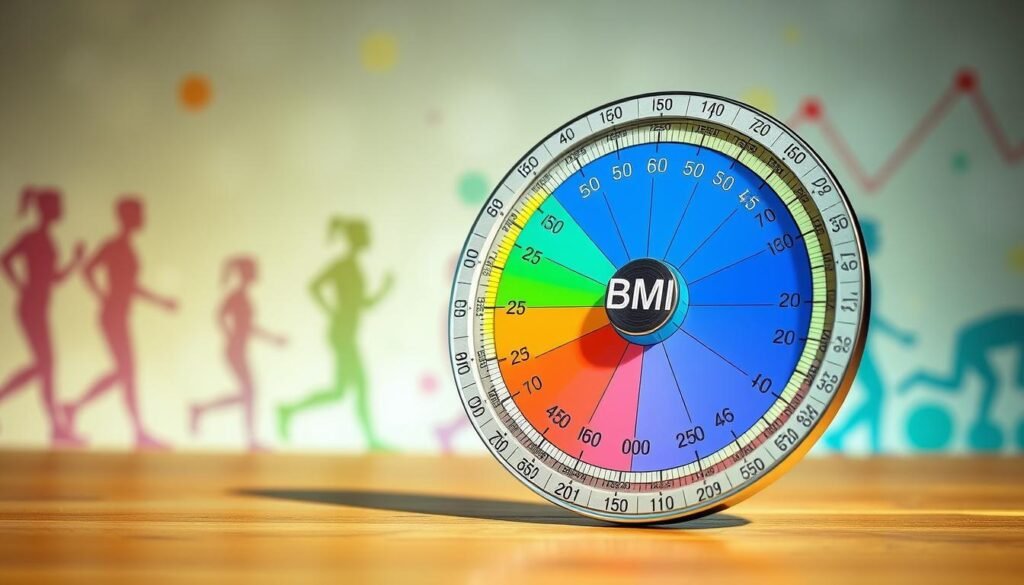 A beautifully designed BMI calculator wheel, prominently displayed in the foreground, featuring vibrant colors and clear numerical markings. The wheel is divided into sections that represent different weight ranges relative to height, making it visually engaging and educational. In the middle ground, a subtle gradient of soft, calming colors enhances the visualization, while a blurred background features an abstract health-themed design, perhaps including faint silhouettes of people in motion, symbolizing fitness and well-being. The lighting is bright yet soft, casting gentle shadows to add depth, captured from a slightly elevated angle to emphasize the wheel's structure. The overall mood is informative and inviting, ideal for readers looking to understand BMI quickly and easily.
