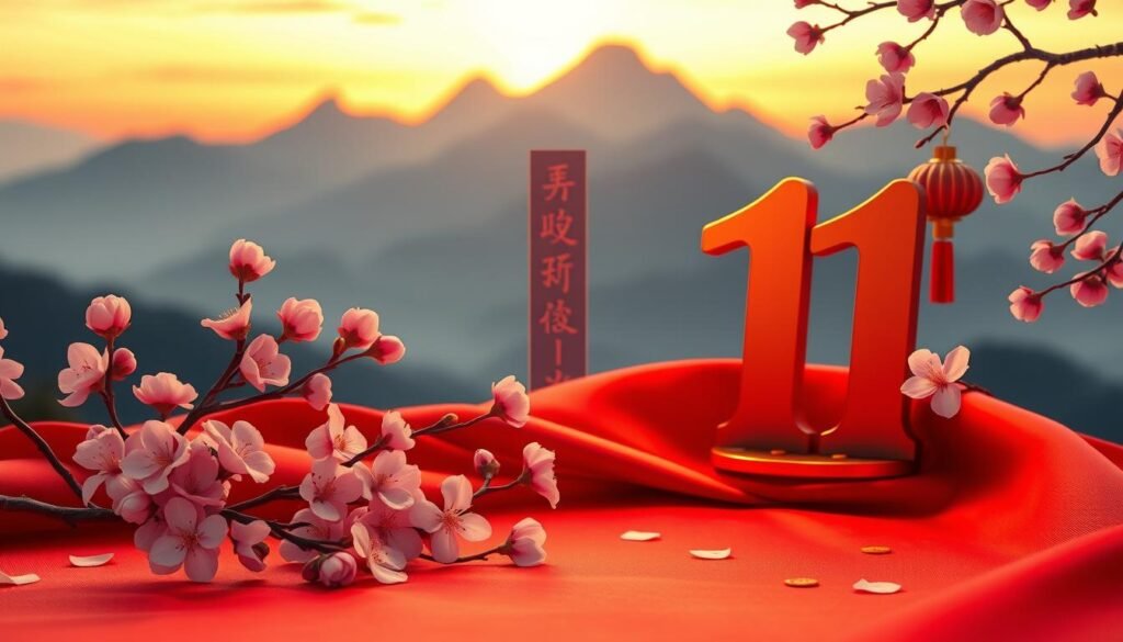 A beautifully designed composition showcasing the number 11, artistically displayed in a traditional Chinese style. In the foreground, ornate calligraphy of the number 11 is surrounded by delicate cherry blossom petals, symbolizing luck and new beginnings, on a softly textured red silk background. In the middle, incorporate traditional Chinese motifs such as lanterns and gold coins to enhance the theme of prosperity. The background features a serene landscape of mountain silhouettes at dusk, illuminated by a warm, golden sunset light, creating a peaceful atmosphere. The scene should convey a sense of hope and positivity, inviting the viewer to reflect on the significance of the number 11 in Chinese culture. The lighting should be soft and harmonious, with a slight vignette effect to draw focus to the foreground elements. A beautifully designed composition showcasing the number 11, artistically displayed in a traditional Chinese style. In the foreground, ornate calligraphy of the number 11 is surrounded by delicate cherry blossom petals, symbolizing luck and new beginnings, on a softly textured red silk background. In the middle, incorporate traditional Chinese motifs such as lanterns and gold coins to enhance the theme of prosperity. The background features a serene landscape of mountain silhouettes at dusk, illuminated by a warm, golden sunset light, creating a peaceful atmosphere. The scene should convey a sense of hope and positivity, inviting the viewer to reflect on the significance of the number 11 in Chinese culture. The lighting should be soft and harmonious, with a slight vignette effect to draw focus to the foreground elements.