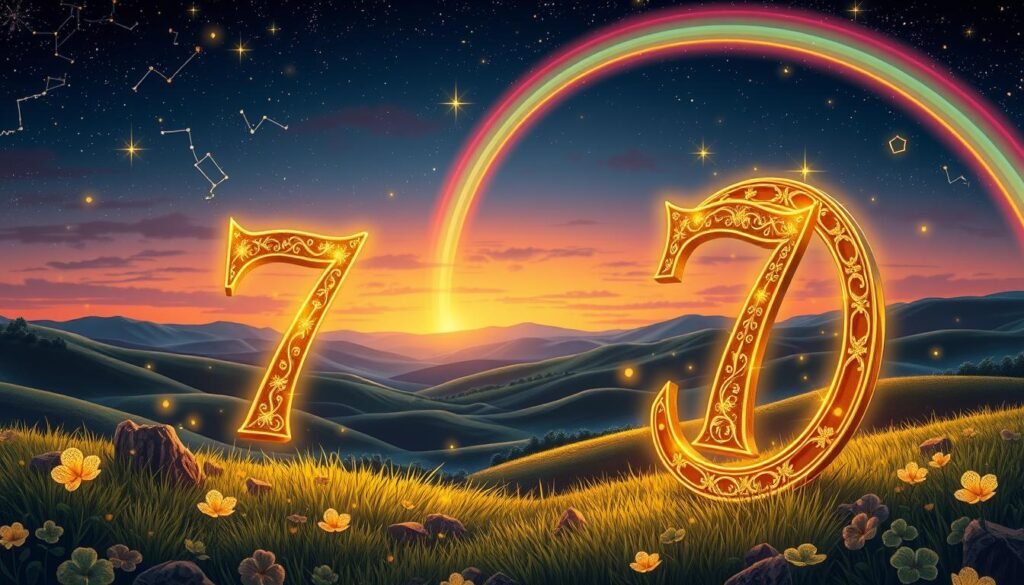 A beautifully designed illustration focusing on the significance of the number seven. In the foreground, a large, ornate number seven glows with a golden hue, surrounded by shimmering lucky symbols like four-leaf clovers and horseshoes. The middle ground features a scenic landscape with rolling hills under a twilight sky, where constellations form a subtle pattern of the number seven. In the background, an ethereal rainbow arches over the horizon, symbolizing hope and fortune. The lighting is warm and enchanting, enhancing the dreamlike quality of the scene, while the angle is slightly elevated to provide a panoramic view. The overall mood is uplifting and magical, inviting the viewer to embrace the positive energy associated with this cherished lucky number.