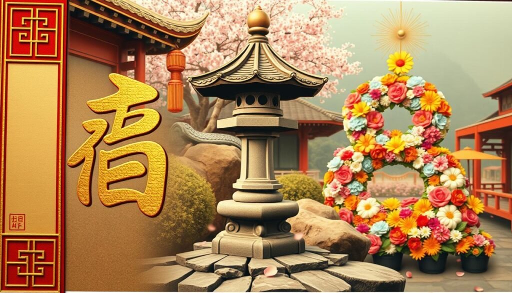 A beautifully detailed collage depicting the number 8 as symbolized across various cultures. In the foreground, showcase traditional Chinese calligraphy of the number 8 surrounded by intricate gold and red decorations, emphasizing its association with luck and prosperity. In the middle ground, illustrate a serene Zen garden featuring an 8-sided stone lantern, symbolizing harmony in Japanese culture, with soft cherry blossom petals gently floating down. In the background, depict the number 8 shaped from colorful flowers in an Indian festival scene, radiating joy and celebration. Capture the scene in warm, soft lighting that highlights the textures and colors, using a slightly aerial view angle to showcase the depth and interconnections of these cultural representations. Create a harmonious atmosphere that invites appreciation of the diversity in interpreting the number 8. A beautifully detailed collage depicting the number 8 as symbolized across various cultures. In the foreground, showcase traditional Chinese calligraphy of the number 8 surrounded by intricate gold and red decorations, emphasizing its association with luck and prosperity. In the middle ground, illustrate a serene Zen garden featuring an 8-sided stone lantern, symbolizing harmony in Japanese culture, with soft cherry blossom petals gently floating down. In the background, depict the number 8 shaped from colorful flowers in an Indian festival scene, radiating joy and celebration. Capture the scene in warm, soft lighting that highlights the textures and colors, using a slightly aerial view angle to showcase the depth and interconnections of these cultural representations. Create a harmonious atmosphere that invites appreciation of the diversity in interpreting the number 8.