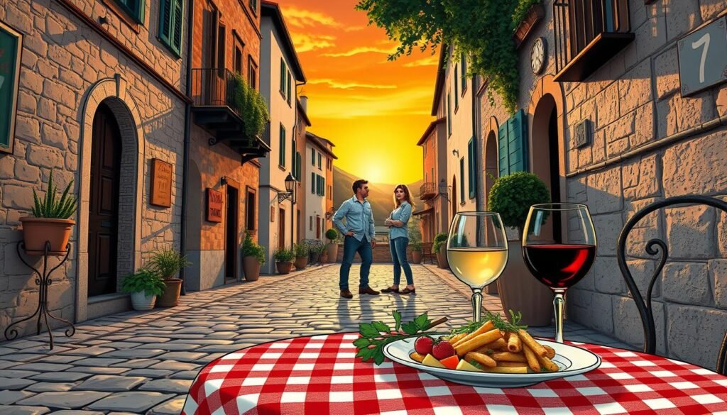A beautifully stylized Italian street scene during sunset, focusing on a charming cobblestone alley adorned with rustic buildings featuring traditional Mediterranean architecture. In the foreground, a table with a red and white checkered tablecloth displays a plate of symbolic Italian food and a glass of wine, while a small bouquet of fresh herbs adds a touch of color. In the middle ground, a few people dressed in modest casual clothing converse, their expressions hinting at playful superstition, perhaps discussing the number 17. The background features a warm, golden sky that enhances the atmosphere of mystery and tradition, with hints of ominous shadows cast by the buildings, creating a slightly eerie yet inviting mood. Use soft, natural lighting to highlight the details, captured with a wide-angle lens for a dynamic composition.
