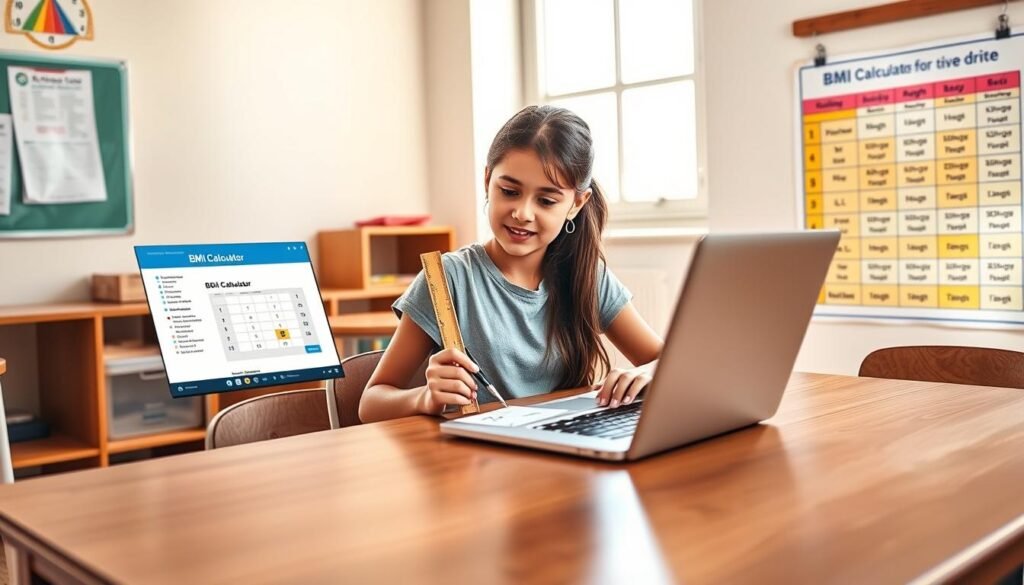 A bright and inviting classroom setting as the backdrop, featuring a wooden desk with a laptop open to the CDC BMI Calculator webpage displayed on the screen. In the foreground, a focused teenage girl, dressed in a modest T-shirt and jeans, attentively interacts with the calculator, measuring her height with a wooden ruler while jotting down numbers. To the side, a colorful chart illustrating BMI ranges for children and teens hangs on the wall, enhancing educational context. Soft natural light filters through a window, creating a warm atmosphere. Capture the scene from a slightly elevated angle, allowing a glimpse of the girl’s thoughtful expression while highlighting the calculator on the screen, promoting an engaging and informative mood. A bright and inviting classroom setting as the backdrop, featuring a wooden desk with a laptop open to the CDC BMI Calculator webpage displayed on the screen. In the foreground, a focused teenage girl, dressed in a modest T-shirt and jeans, attentively interacts with the calculator, measuring her height with a wooden ruler while jotting down numbers. To the side, a colorful chart illustrating BMI ranges for children and teens hangs on the wall, enhancing educational context. Soft natural light filters through a window, creating a warm atmosphere. Capture the scene from a slightly elevated angle, allowing a glimpse of the girl’s thoughtful expression while highlighting the calculator on the screen, promoting an engaging and informative mood.