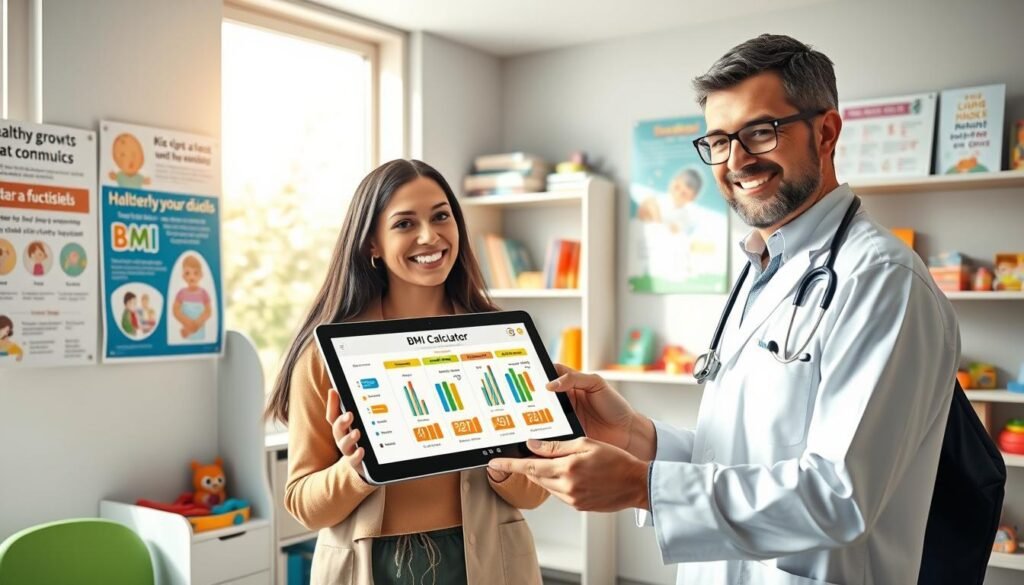 A bright and inviting pediatric clinic setting, focusing on a friendly pediatrician and a parent, both dressed in modest casual clothing. The pediatrician is demonstrating the use of a colorful BMI calculator on a tablet, showing an interactive interface with graphical representations of BMI results. Surrounding them are educational posters about healthy growth and nutrition for children. Soft, natural lighting creates a warm atmosphere, emphasizing trust and professionalism. In the background, shelves filled with children's books and toys lend a cheerful touch, while a large window reveals a sunny day outside, enhancing the mood of positivity and care. The image is captured from a slight angle to include both the figures and the tablet, highlighting the interaction. A bright and inviting pediatric clinic setting, focusing on a friendly pediatrician and a parent, both dressed in modest casual clothing. The pediatrician is demonstrating the use of a colorful BMI calculator on a tablet, showing an interactive interface with graphical representations of BMI results. Surrounding them are educational posters about healthy growth and nutrition for children. Soft, natural lighting creates a warm atmosphere, emphasizing trust and professionalism. In the background, shelves filled with children's books and toys lend a cheerful touch, while a large window reveals a sunny day outside, enhancing the mood of positivity and care. The image is captured from a slight angle to include both the figures and the tablet, highlighting the interaction.