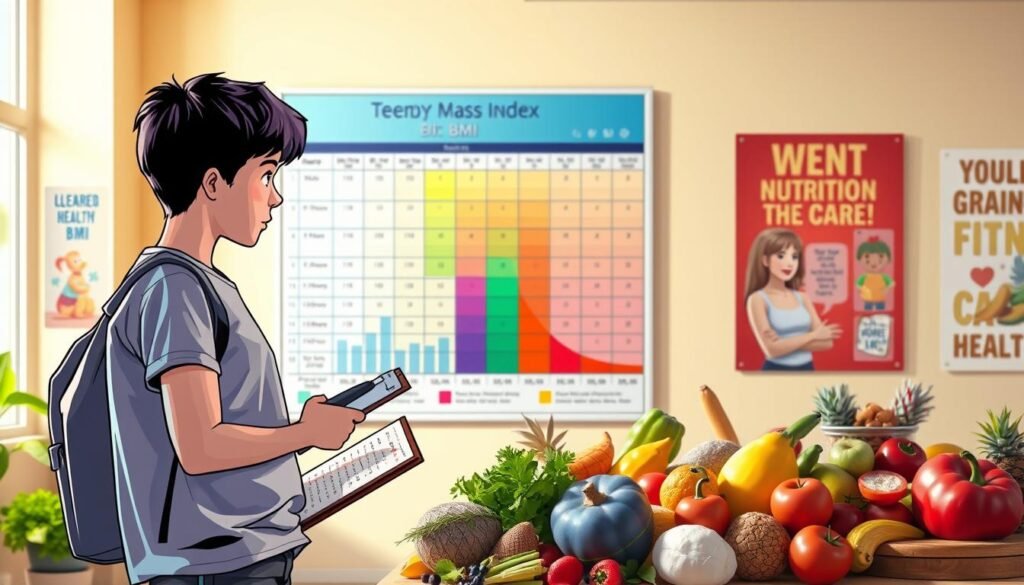 A bright and inviting scene depicting a young teenager standing in front of a large wall-mounted chart illustrating Body Mass Index (BMI) categories. In the foreground, the teenager, dressed in a modest, casual outfit, is thoughtfully analyzing a colorful infographic about teen health and BMI, holding a clipboard with data. In the middle ground, a diverse range of healthy food items, such as fruits, vegetables, and whole grains, creates a vibrant display. The background features a softly lit room, with motivational posters about fitness and nutrition on the walls. The lighting is warm and encouraging, evoking a sense of positivity and awareness about health. The overall mood is informative and supportive, promoting understanding and healthy lifestyle choices among teens. A bright and inviting scene depicting a young teenager standing in front of a large wall-mounted chart illustrating Body Mass Index (BMI) categories. In the foreground, the teenager, dressed in a modest, casual outfit, is thoughtfully analyzing a colorful infographic about teen health and BMI, holding a clipboard with data. In the middle ground, a diverse range of healthy food items, such as fruits, vegetables, and whole grains, creates a vibrant display. The background features a softly lit room, with motivational posters about fitness and nutrition on the walls. The lighting is warm and encouraging, evoking a sense of positivity and awareness about health. The overall mood is informative and supportive, promoting understanding and healthy lifestyle choices among teens.