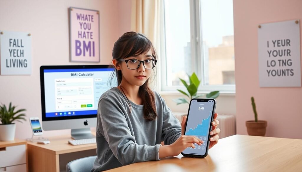 A bright and welcoming room designed for teens, featuring a modern BMI calculator interface on a sleek desktop computer. In the foreground, a focused teenage girl in comfortable casual clothing is inputting her data, her expression one of curiosity and determination. Beside her, a smartphone displays a health app with an animated BMI graph. The middle ground shows motivational posters about healthy living on pastel-colored walls. In the background, a large window lets in soft, natural light, casting a warm glow over the scene. The atmosphere is positive and empowering, conveying a sense of clarity and care for health. Shot from a slightly elevated angle to capture both the calculator on the desk and the girl's engaging expression, creating an inviting and informative visual.