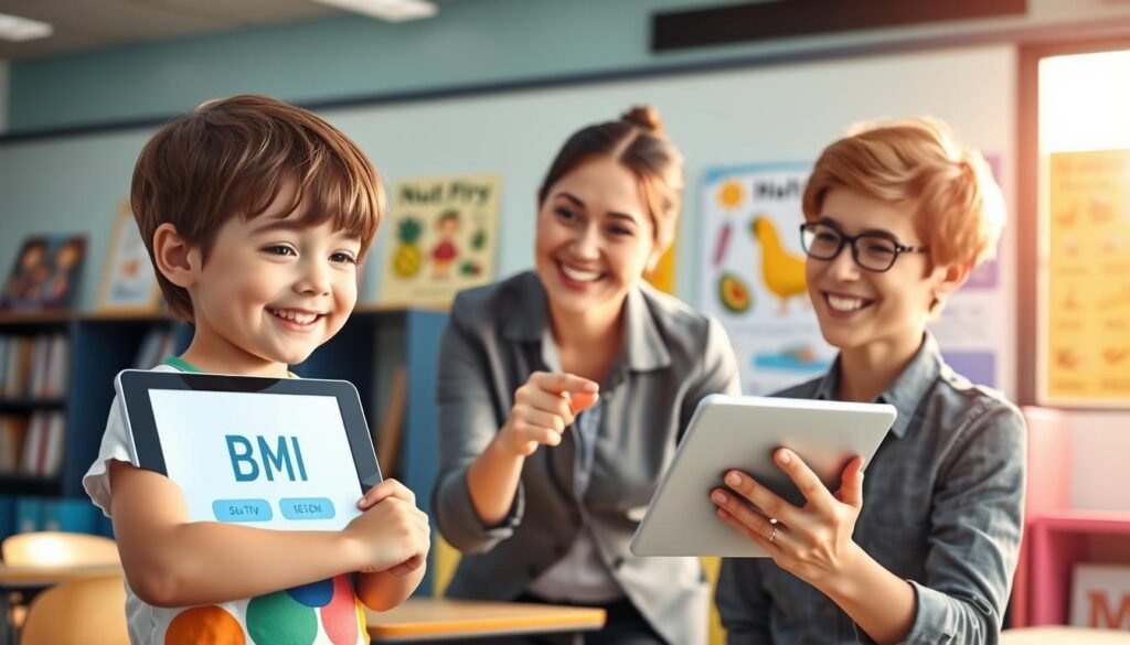 A bright, cheerful scene depicting a young child using a BMI calculator in a warm and inviting classroom environment. In the foreground, a smiling 8-year-old child with short brown hair, wearing a colorful t-shirt, is interacting with a digital tablet displaying a BMI calculation screen. In the middle ground, a friendly adult, dressed in a smart casual outfit, is guiding the child patiently, pointing at the tablet with a reassuring smile. The background features colorful educational posters about health and nutrition, creating a positive learning atmosphere. Soft natural lighting filters through a window, adding warmth to the scene. The overall mood is optimistic and encouraging, emphasizing health and learning. A bright, cheerful scene depicting a young child using a BMI calculator in a warm and inviting classroom environment. In the foreground, a smiling 8-year-old child with short brown hair, wearing a colorful t-shirt, is interacting with a digital tablet displaying a BMI calculation screen. In the middle ground, a friendly adult, dressed in a smart casual outfit, is guiding the child patiently, pointing at the tablet with a reassuring smile. The background features colorful educational posters about health and nutrition, creating a positive learning atmosphere. Soft natural lighting filters through a window, adding warmth to the scene. The overall mood is optimistic and encouraging, emphasizing health and learning.