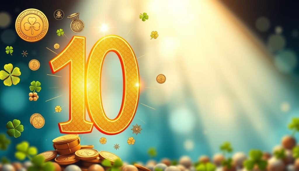 A bright, engaging composition illustrating the significance of the number 10. In the foreground, a large, stylized numeral "10" is depicted in a shimmering gold color, radiating a warm glow. Surrounding the number are various symbolic elements, such as coins, four-leaf clovers, and intricate geometric patterns representing luck and fortune. The middle ground features a blurred gradient background of deep blues and soft whites, evoking a calm yet dynamic atmosphere. Gentle beams of light emanate from above, casting soft shadows and adding depth to the scene. The overall mood is one of contemplation and mystique, inviting viewers to explore the deeper meanings behind the number. No text or overlays present, ensuring a clean and focused visual message. A bright, engaging composition illustrating the significance of the number 10. In the foreground, a large, stylized numeral "10" is depicted in a shimmering gold color, radiating a warm glow. Surrounding the number are various symbolic elements, such as coins, four-leaf clovers, and intricate geometric patterns representing luck and fortune. The middle ground features a blurred gradient background of deep blues and soft whites, evoking a calm yet dynamic atmosphere. Gentle beams of light emanate from above, casting soft shadows and adding depth to the scene. The overall mood is one of contemplation and mystique, inviting viewers to explore the deeper meanings behind the number. No text or overlays present, ensuring a clean and focused visual message.