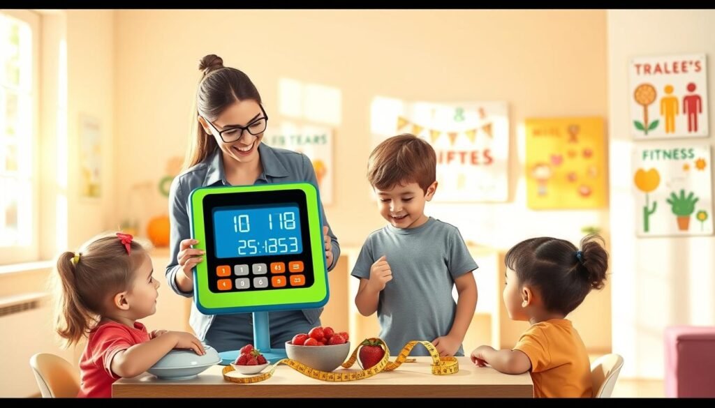 A bright, engaging scene depicting children and a parent using a colorful BMI calculator. In the foreground, a cheerful parent, dressed in smart casual attire, guides a young child, who is enthusiastically interacting with the calculator device, animated numbers appearing on the screen. In the middle ground, a small table is filled with healthy snacks and a measuring tape, emphasizing a holistic approach to health. The background reveals a well-lit, inviting room with cheerful artwork related to fitness and health on the walls, creating a positive atmosphere of learning. Soft, natural lighting filters through a window, casting a warm glow over the scene. The overall mood is uplifting and educational, capturing the essence of understanding children's healthy weight in a fun and interactive way.