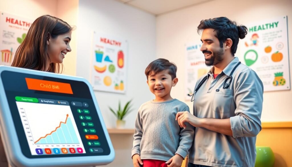 A bright, inviting scene depicting a child BMI calculator in a modern healthcare setting. In the foreground, a colorful, user-friendly BMI calculator with a touchscreen interface displaying an animated graph showing healthy growth progress. In the middle ground, a smiling child around 8 years old, wearing a casual, modest outfit, interacts with the calculator while a supportive parent observes. The background features soft, pastel-colored walls adorned with educational posters about healthy lifestyles and growth. Soft, warm lighting creates a friendly and encouraging atmosphere. The angle captures the excitement in the child’s expression and the parent’s attentive gaze, emphasizing a positive approach to health and growth monitoring.