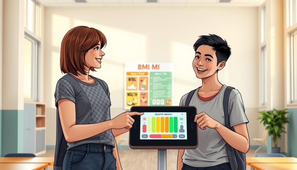 A bright, inviting setting depicting a teenage boy and girl, engaged in a friendly discussion over a sleek, modern BMI calculator device. In the foreground, the teens are wearing casual yet modest athletic clothing, smiling as they point at the calculator screen displaying healthy weight ranges. The girl has shoulder-length brown hair and the boy has short black hair, both embodying a sense of curiosity and enthusiasm. In the middle ground, a colorful, educational poster about BMI and health tips is displayed on the wall. The background softly fades into a light, airy classroom environment with large windows letting in natural light, creating a warm and encouraging atmosphere. The image should be bright and vibrant, conveying positivity and the importance of healthy lifestyle choices for teens.