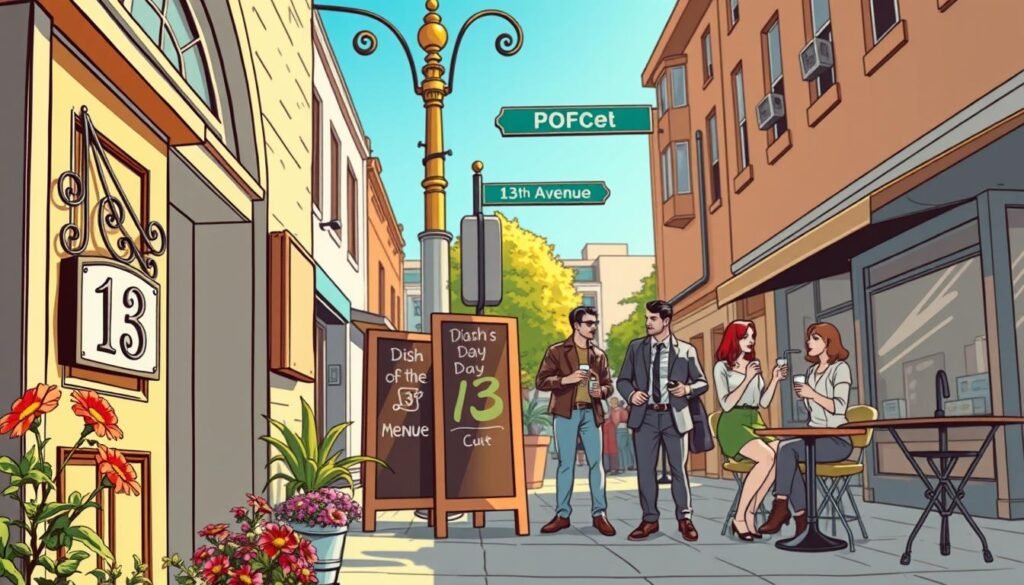 A bustling urban street scene showcasing the number 13 in various aspects of everyday life. In the foreground, a decorative house number plaque reading "13" is hung on a charming front door, surrounded by vibrant flowers. In the middle ground, a trendy café displays a menu board with "Dish of the Day: 13" written in chalk, while a group of friends in smart casual attire enjoys their drinks. In the background, a street sign indicating "13th Avenue" stands tall against a clear blue sky. The lighting is warm and inviting, reflecting a sunny afternoon atmosphere, with soft shadows enhancing the scene's depth. The overall mood is cheerful and lively, emphasizing the integration of the number 13 in positive and relatable daily moments. A bustling urban street scene showcasing the number 13 in various aspects of everyday life. In the foreground, a decorative house number plaque reading "13" is hung on a charming front door, surrounded by vibrant flowers. In the middle ground, a trendy café displays a menu board with "Dish of the Day: 13" written in chalk, while a group of friends in smart casual attire enjoys their drinks. In the background, a street sign indicating "13th Avenue" stands tall against a clear blue sky. The lighting is warm and inviting, reflecting a sunny afternoon atmosphere, with soft shadows enhancing the scene's depth. The overall mood is cheerful and lively, emphasizing the integration of the number 13 in positive and relatable daily moments.