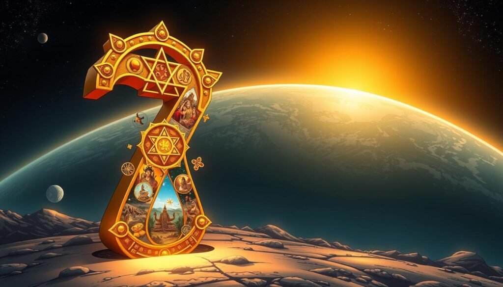 A captivating illustration showcasing the significance of the number 7 around the world in various cultures and religions. In the foreground, a large golden number 7 stands prominently, adorned with symbols from different belief systems, such as a seven-pointed star from Wiccan tradition and the seven chakras from Hinduism, all intricately designed. The middle layer features vibrant scenes representing diverse cultures celebrating the number 7, like a joyful festival, a serene meditation setting, and an ancient temple. The background is a panoramic view of a globe, softly illuminated by a warm, golden glow, symbolizing unity across cultures. Soft, dramatic lighting highlights the number and cultural elements, creating a mystical atmosphere that evokes wonder and reverence. The composition should be balanced and inviting, capturing a sense of global harmony and spiritual significance. A captivating illustration showcasing the significance of the number 7 around the world in various cultures and religions. In the foreground, a large golden number 7 stands prominently, adorned with symbols from different belief systems, such as a seven-pointed star from Wiccan tradition and the seven chakras from Hinduism, all intricately designed. The middle layer features vibrant scenes representing diverse cultures celebrating the number 7, like a joyful festival, a serene meditation setting, and an ancient temple. The background is a panoramic view of a globe, softly illuminated by a warm, golden glow, symbolizing unity across cultures. Soft, dramatic lighting highlights the number and cultural elements, creating a mystical atmosphere that evokes wonder and reverence. The composition should be balanced and inviting, capturing a sense of global harmony and spiritual significance.
