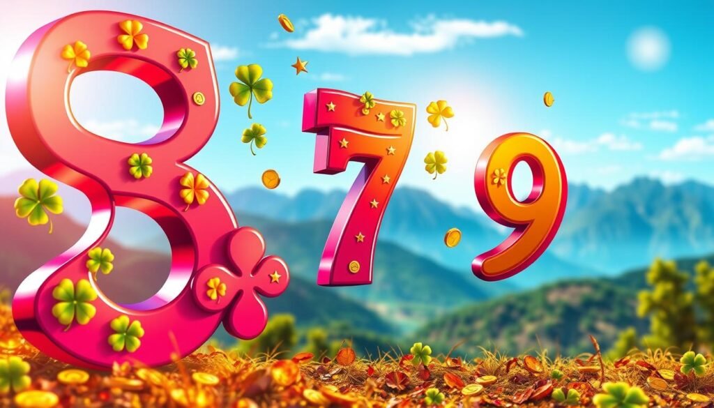 A captivating illustration showcasing the significance of various lucky numbers beyond 8. In the foreground, display large, glossy digits like 3, 7, and 9, each adorned with symbols of luck such as four-leaf clovers, coins, and small stars. The middle ground features a rich tapestry of colors that blend harmoniously, representing the vibrant energy of these numbers. In the background, a soft-focus landscape filled with serene mountains and a clear blue sky enhances the peaceful mood. The lighting should be warm and inviting, creating a sense of hope and positivity. Utilize a shallow depth of field to draw focus to the lucky numbers while still hinting at the broader theme of luck. The overall atmosphere should be uplifting and inspirational, inviting the viewer to explore the meanings behind these numbers. A captivating illustration showcasing the significance of various lucky numbers beyond 8. In the foreground, display large, glossy digits like 3, 7, and 9, each adorned with symbols of luck such as four-leaf clovers, coins, and small stars. The middle ground features a rich tapestry of colors that blend harmoniously, representing the vibrant energy of these numbers. In the background, a soft-focus landscape filled with serene mountains and a clear blue sky enhances the peaceful mood. The lighting should be warm and inviting, creating a sense of hope and positivity. Utilize a shallow depth of field to draw focus to the lucky numbers while still hinting at the broader theme of luck. The overall atmosphere should be uplifting and inspirational, inviting the viewer to explore the meanings behind these numbers.