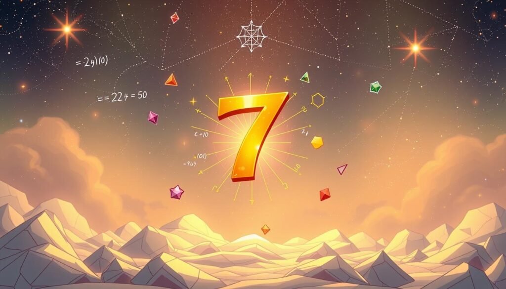 A captivating illustration that represents the concept of "why is seven a lucky number," focusing on the unique mathematical properties of seven. In the foreground, display a large, stylized number "7" made of shining gold, surrounded by colorful geometric shapes symbolizing the mathematical aspects, such as equations and formulas swirling around it. In the middle ground, incorporate an ethereal light emanating from the number, casting gentle glows on the elements. The background should feature a soft, dreamy sky filled with stars and constellations, representing luck and cosmic significance. Use a warm, inviting color palette with a focus on golds, blues, and purples, evoking a sense of wonder. Opt for soft, diffused lighting to create a mystical atmosphere, with a slight lens flare effect to enhance the magical feel.