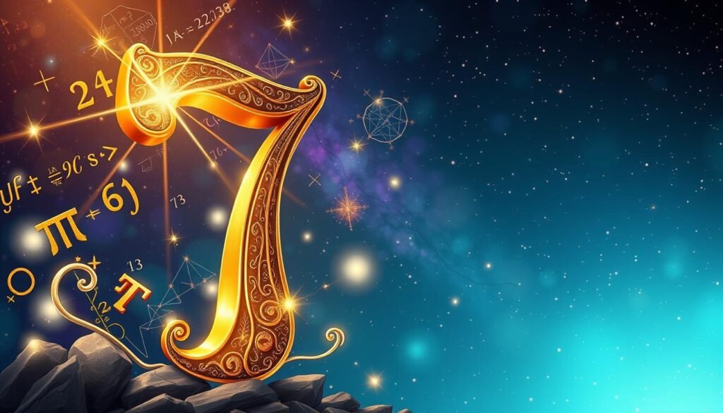 A captivating illustration that visually blends the essence of mathematics and the charm of the number seven. In the foreground, a large, intricately designed golden number seven glistens with ornate patterns and subtle sparkles. Surrounding it are various mathematical symbols and equations like pi, the infinity symbol, and geometric shapes, elegantly intertwining with the seven. The middle ground features a soft, glowing light emanating from an abstract, colorful background of swirling numbers and mathematical diagrams, creating a sense of wonder and intrigue. The background fades into a deep, cosmic blue filled with scattered stars, hinting at the mystical allure of the number seven. The overall atmosphere should feel inspiring and thought-provoking, emphasizing the beauty of mathematics and its connection to the concept of luck. A captivating illustration that visually blends the essence of mathematics and the charm of the number seven. In the foreground, a large, intricately designed golden number seven glistens with ornate patterns and subtle sparkles. Surrounding it are various mathematical symbols and equations like pi, the infinity symbol, and geometric shapes, elegantly intertwining with the seven. The middle ground features a soft, glowing light emanating from an abstract, colorful background of swirling numbers and mathematical diagrams, creating a sense of wonder and intrigue. The background fades into a deep, cosmic blue filled with scattered stars, hinting at the mystical allure of the number seven. The overall atmosphere should feel inspiring and thought-provoking, emphasizing the beauty of mathematics and its connection to the concept of luck.