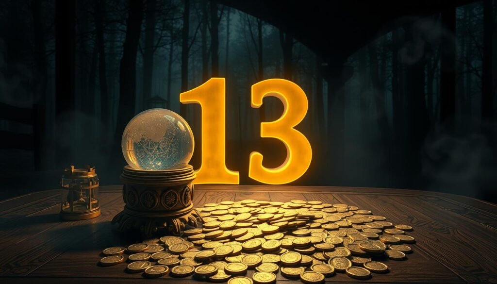 A captivating scene centered around the number 13, featuring a large, ornate wooden table in the foreground with a vintage crystal ball and tarot cards, each adorned with intricate designs symbolizing luck and superstition. In the middle ground, a softly glowing number 13 rises from a bed of shimmering gold coins, casting warm light onto the surroundings. In the background, dimly lit, mysterious woods can be seen, with ethereal wisps of fog swirling through the trees to enhance the mystical feel. The atmosphere is moody yet inviting, illuminated by soft, diffused lighting that emphasizes the magical essence of the number. The overall composition captures curiosity and intrigue, inviting viewers to explore the mysterious allure of the number 13.