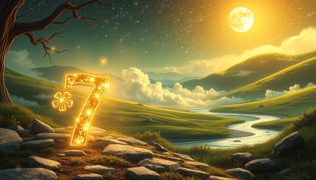 A captivating scene centered around the number seven, depicted in a mystical and serene environment. In the foreground, a large, glowing numeral '7' made of shimmering gemstones, radiating soft light. Surrounding it are symbols of luck, like a four-leaf clover and a horseshoe, delicately integrated into the setting. In the middle ground, a gently flowing river reflects the moonlight, symbolizing tranquility and fortune, while soft, ethereal clouds drift overhead. The background features lush green hills under a starry sky, creating a sense of wonder and mystery. The lighting is warm and inviting, casting gentle shadows that enhance the magical atmosphere. The overall composition evokes a feeling of hope and positivity, suggesting the deeper meanings and associations of the number seven as a lucky number. A captivating scene centered around the number seven, depicted in a mystical and serene environment. In the foreground, a large, glowing numeral '7' made of shimmering gemstones, radiating soft light. Surrounding it are symbols of luck, like a four-leaf clover and a horseshoe, delicately integrated into the setting. In the middle ground, a gently flowing river reflects the moonlight, symbolizing tranquility and fortune, while soft, ethereal clouds drift overhead. The background features lush green hills under a starry sky, creating a sense of wonder and mystery. The lighting is warm and inviting, casting gentle shadows that enhance the magical atmosphere. The overall composition evokes a feeling of hope and positivity, suggesting the deeper meanings and associations of the number seven as a lucky number.