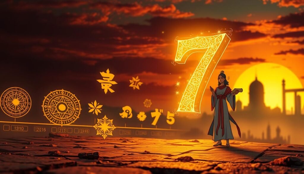 A captivating scene depicting the digit seven as a ethereal character, gracefully transitioning through time from ancient symbols to modern representations. In the foreground, a luminous, golden numeral seven adorned with intricate patterns inspired by ancient cultures. The middle ground features a timeline with various cultural representations of the number seven, such as a shimmering seven-pointed star and a serene, wise figure in traditional attire holding a scroll with ancient scripts. In the background, a sunset suffused with warm hues casts a magical glow, with silhouettes of historical landmarks symbolizing different eras. Soft, ambient lighting creates an inviting atmosphere, evoking curiosity and wonder about the number's significance. The perspective is slightly tilted for a dynamic feel, enhancing the image's storytelling essence. A captivating scene depicting the digit seven as a ethereal character, gracefully transitioning through time from ancient symbols to modern representations. In the foreground, a luminous, golden numeral seven adorned with intricate patterns inspired by ancient cultures. The middle ground features a timeline with various cultural representations of the number seven, such as a shimmering seven-pointed star and a serene, wise figure in traditional attire holding a scroll with ancient scripts. In the background, a sunset suffused with warm hues casts a magical glow, with silhouettes of historical landmarks symbolizing different eras. Soft, ambient lighting creates an inviting atmosphere, evoking curiosity and wonder about the number's significance. The perspective is slightly tilted for a dynamic feel, enhancing the image's storytelling essence.
