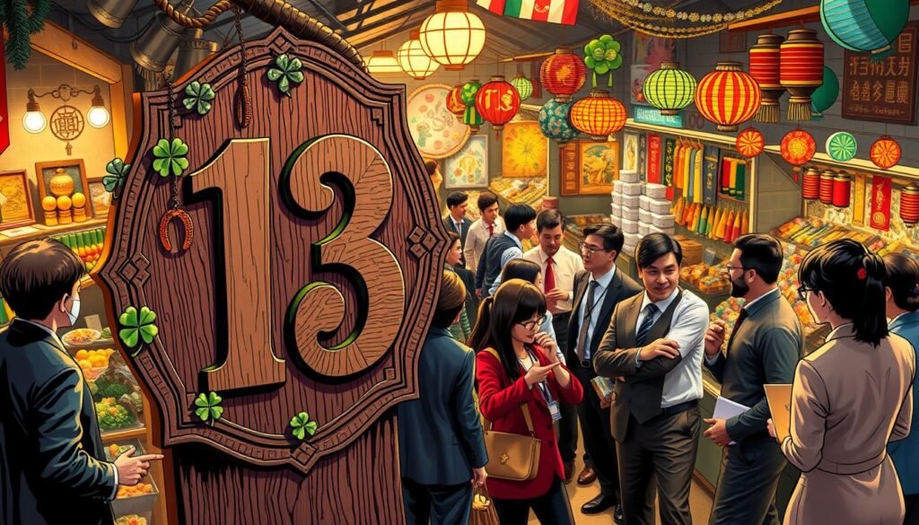 A captivating scene depicting the number 13 as a focal point in a vibrant market setting, filled with elements representing different cultures' beliefs about luck. In the foreground, a large, ornate wooden sign with an artistic rendition of the number 13 is adorned with symbols like four-leaf clovers, horseshoes, and traditional talismans from various cultures. The middle ground features diverse individuals in professional attire, engaging in lively discussions, some pointing at the sign in curiosity. The background portrays colorful market stalls with cultural artifacts and decorations, under soft, warm lighting that creates an inviting atmosphere. The angle captures the scene from slightly above, giving a dynamic perspective that celebrates the multifaceted views on the number 13 across cultures.