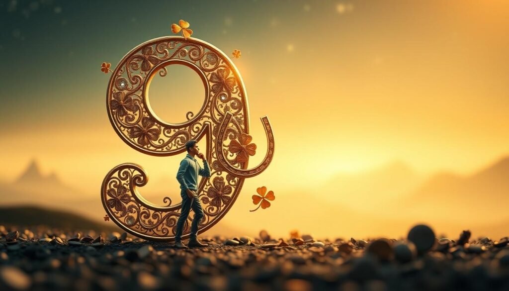 A captivating scene depicting the number "9" as a focal point, styled with intricate, shimmering gold and silver embellishments, suggesting its association with luck. In the foreground, a figurine of a person dressed in smart casual attire contemplates the number, with a thoughtful expression. In the middle ground, subtle motifs of four-leaf clovers and horseshoes subtly intertwine around the number “9”, enhancing its charm. The background features a soft, dreamy landscape with blurred hints of distant mountains and a starry sky, conveying an inspiring atmosphere. Soft, ethereal lighting casts a warm glow over the scene, creating an inviting and contemplative mood. The composition should be well-balanced and harmonious, emphasizing the allure of the number nine without any text or distractions. A captivating scene depicting the number "9" as a focal point, styled with intricate, shimmering gold and silver embellishments, suggesting its association with luck. In the foreground, a figurine of a person dressed in smart casual attire contemplates the number, with a thoughtful expression. In the middle ground, subtle motifs of four-leaf clovers and horseshoes subtly intertwine around the number “9”, enhancing its charm. The background features a soft, dreamy landscape with blurred hints of distant mountains and a starry sky, conveying an inspiring atmosphere. Soft, ethereal lighting casts a warm glow over the scene, creating an inviting and contemplative mood. The composition should be well-balanced and harmonious, emphasizing the allure of the number nine without any text or distractions.