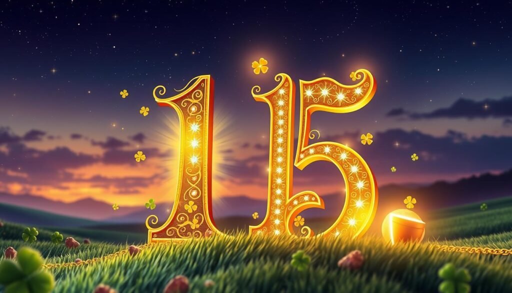 A captivating scene focusing on the number "15" as a central theme, artistically rendered in vibrant colors. In the foreground, a large, elegant golden numeral "15" embellished with intricate designs and surrounded by sparkling lucky symbols such as four-leaf clovers and colorful gemstones. The middle ground features a glowing aura emanating from the number, creating a warm, inviting atmosphere, while softly blended light creates an ethereal effect. The background is a serene, dreamlike landscape with a twilight sky filled with stars and subtle hints of constellations, suggesting a sense of mystery and possibility. The overall mood is one of hope, exploration, and appreciation for the alluring idea of fortune, emphasizing a whimsical yet thoughtful perspective on luck.