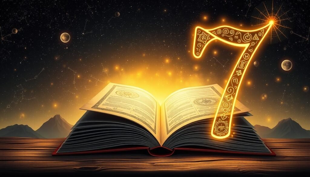 A captivating scene representing the concept of a lucky number in numerology. In the foreground, a large, glowing number 7, intricately designed with mystical symbols and patterns, stands center stage. The middle layer features an open ancient book of numerology, pages fluttering gently, revealing symbols and numbers intertwined with ethereal light. In the background, a serene, starry night sky filled with constellations and soft glowing orbs, adding a celestial touch. The scene is warmly lit with a gentle, golden glow illuminating the number and book, creating a sense of wonder and magic. The atmosphere is tranquil yet inspiring, encouraging a sense of discovery and reflection.