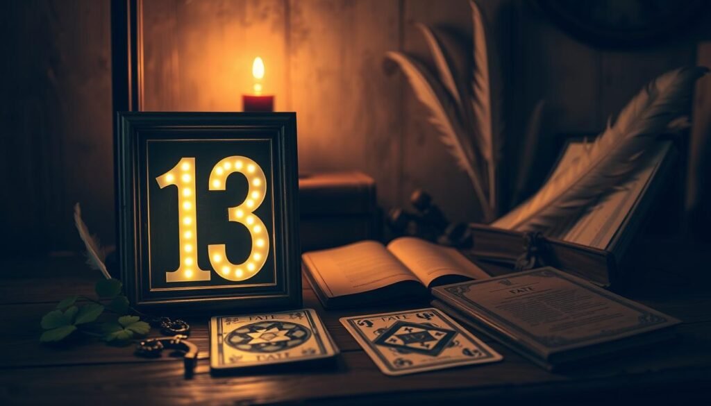 A captivating still-life scene centered around the number 13, displayed prominently in a vintage wooden frame. In the foreground, a shiny golden number 13 glows under soft, warm lighting, symbolizing luck, surrounded by a few lucky charms like a four-leaf clover and a horseshoe. In the middle ground, a faded deck of tarot cards reveals a “Fate” card, enhancing the theme of superstition. The backdrop features a mystical, dimly lit room filled with feathered quills and an ancient book on numerology, inviting intrigue. The overall atmosphere is enchanting yet slightly mysterious, with subtle shadows playing against the walls. Capture this image from a slight upward angle to emphasize the significance of the number 13, with a shallow depth of field to focus on the details. A captivating still-life scene centered around the number 13, displayed prominently in a vintage wooden frame. In the foreground, a shiny golden number 13 glows under soft, warm lighting, symbolizing luck, surrounded by a few lucky charms like a four-leaf clover and a horseshoe. In the middle ground, a faded deck of tarot cards reveals a “Fate” card, enhancing the theme of superstition. The backdrop features a mystical, dimly lit room filled with feathered quills and an ancient book on numerology, inviting intrigue. The overall atmosphere is enchanting yet slightly mysterious, with subtle shadows playing against the walls. Capture this image from a slight upward angle to emphasize the significance of the number 13, with a shallow depth of field to focus on the details.