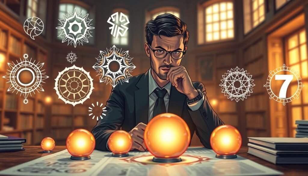 A captivating visualization of the psychology behind the allure of the number seven. In the foreground, a thoughtful individual in professional attire, seated at a desk, examining seven glowing orbs that represent various aspects of attraction—mystery, spirituality, luck, completeness, and curiosity. The middle ground features abstract symbols and patterns intertwined with the number seven, showcasing its significance in cultures around the world. The background presents a softly blurred library setting with warm light streaming through large windows, creating an inviting and contemplative atmosphere. The scene should evoke feelings of intrigue and introspection, emphasizing the deep-rooted connection between humans and the number seven. Use soft, golden lighting to enhance the mood, with a focus on warmth and curiosity, captured through a slightly wide-angle lens. A captivating visualization of the psychology behind the allure of the number seven. In the foreground, a thoughtful individual in professional attire, seated at a desk, examining seven glowing orbs that represent various aspects of attraction—mystery, spirituality, luck, completeness, and curiosity. The middle ground features abstract symbols and patterns intertwined with the number seven, showcasing its significance in cultures around the world. The background presents a softly blurred library setting with warm light streaming through large windows, creating an inviting and contemplative atmosphere. The scene should evoke feelings of intrigue and introspection, emphasizing the deep-rooted connection between humans and the number seven. Use soft, golden lighting to enhance the mood, with a focus on warmth and curiosity, captured through a slightly wide-angle lens.