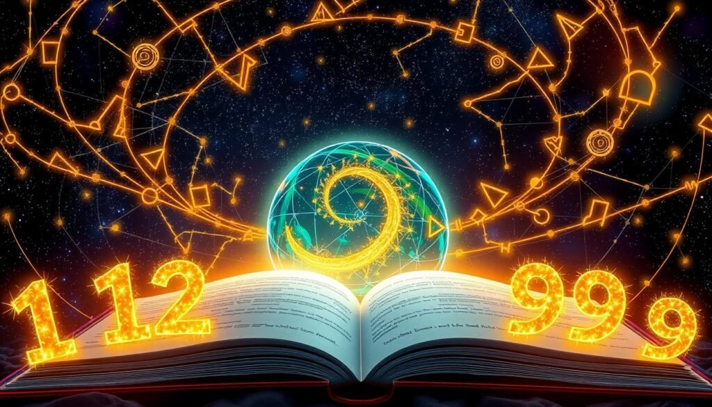 A celestial scene depicting a vibrant planet surrounded by an intricate web of numerology symbols. In the foreground, place glowing numbers like 1 to 9, crafted from stardust and emitting a gentle light, symbolizing luck and connections. The middle layer features the planet, rich with vivid colors like deep blues and greens, swirled with golden numerological patterns. In the background, a starry night sky filled with constellations that align with the numbers, creating a cosmic connection. Use soft, ethereal lighting to enhance the mystical atmosphere, with a slight lens flare effect to add depth. The composition should evoke a sense of wonder and curiosity about the relationship between planets and numerology.