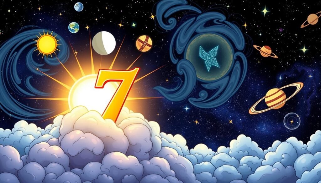 A celestial-themed illustration depicting the concept of "Planetary Connections to Lucky Numbers." In the foreground, a vibrant, glowing number seven surrounded by astrological symbols that represent different planets: a bright sun for the sun, a reflective moon, and the distinctive symbols of Mercury, Venus, Mars, Jupiter, and Saturn. The middle ground features swirling cosmic clouds filled with stars, providing depth and connecting the numbers with the celestial bodies. The background presents a dark night sky with twinkling stars and ethereal nebulae, creating a mystical atmosphere. Soft, radiant light emits from the numbers and planets, casting gentle reflections. The composition emphasizes harmony between numbers and celestial influences, invoking a sense of wonder and cosmic significance. A celestial-themed illustration depicting the concept of "Planetary Connections to Lucky Numbers." In the foreground, a vibrant, glowing number seven surrounded by astrological symbols that represent different planets: a bright sun for the sun, a reflective moon, and the distinctive symbols of Mercury, Venus, Mars, Jupiter, and Saturn. The middle ground features swirling cosmic clouds filled with stars, providing depth and connecting the numbers with the celestial bodies. The background presents a dark night sky with twinkling stars and ethereal nebulae, creating a mystical atmosphere. Soft, radiant light emits from the numbers and planets, casting gentle reflections. The composition emphasizes harmony between numbers and celestial influences, invoking a sense of wonder and cosmic significance.