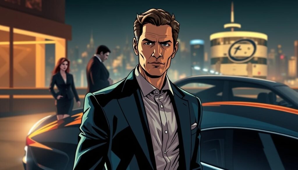 A cinematic scene illustrating the essence of "Lucky Number Slevin." In the foreground, a stylish man in a tailored suit stands confidently, with a subtle smirk on his face, embodying the character Slevin. To the left, a mysterious woman in chic business attire leans against a sleek car, her expression inviting curiosity. In the middle ground, two shadowy figures representing key antagonists converse in hushed tones against a softly lit city backdrop. The background features a neon-lit urban landscape at night, adding depth and intrigue. The atmosphere is tense yet stylish, with dramatic lighting casting shadows and highlighting the characters. Use a shallow depth of field to keep the focus on Slevin while maintaining a cinematic quality, evoking a sense of mystery and allure. A cinematic scene illustrating the essence of "Lucky Number Slevin." In the foreground, a stylish man in a tailored suit stands confidently, with a subtle smirk on his face, embodying the character Slevin. To the left, a mysterious woman in chic business attire leans against a sleek car, her expression inviting curiosity. In the middle ground, two shadowy figures representing key antagonists converse in hushed tones against a softly lit city backdrop. The background features a neon-lit urban landscape at night, adding depth and intrigue. The atmosphere is tense yet stylish, with dramatic lighting casting shadows and highlighting the characters. Use a shallow depth of field to keep the focus on Slevin while maintaining a cinematic quality, evoking a sense of mystery and allure.