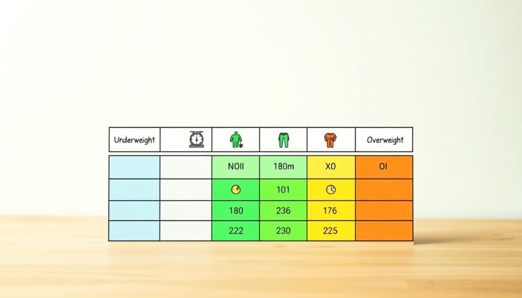 A clean and informative table displaying BMI categories: Underweight, Normal weight, Overweight, and Obesity, with clear distinctions between them. In the foreground, the table is neatly organized with vibrant colors for each category—pale blue for Underweight, green for Normal Weight, yellow for Overweight, and red for Obesity. In the middle, include relevant icons that symbolize each category, like a scale for Underweight and a healthy figure for Normal Weight. The background is a soft gradient of light colors, creating a calm and educational atmosphere. Use soft, natural lighting to enhance clarity and ensure the table is the focal point. The overall mood should be informative and professional, ideal for educational purposes.
