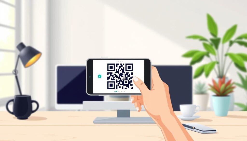 A clean and modern workspace featuring a sleek digital device displaying a QR code generator interface on the screen, with vibrant colors and intuitive buttons. In the foreground, a hand poised with a smartphone scanning the QR code, capturing the moment of quick sharing. The middle area shows a blurred background of a well-organized desk with a laptop, a coffee cup, and plants, adding a touch of warmth. Soft, natural light filters in from a nearby window, enhancing the atmosphere of productivity and ease. The overall mood is efficient and inviting, representing the simplicity and accessibility of using a free URL to QR code generator for seamless sharing. A clean and modern workspace featuring a sleek digital device displaying a QR code generator interface on the screen, with vibrant colors and intuitive buttons. In the foreground, a hand poised with a smartphone scanning the QR code, capturing the moment of quick sharing. The middle area shows a blurred background of a well-organized desk with a laptop, a coffee cup, and plants, adding a touch of warmth. Soft, natural light filters in from a nearby window, enhancing the atmosphere of productivity and ease. The overall mood is efficient and inviting, representing the simplicity and accessibility of using a free URL to QR code generator for seamless sharing.
