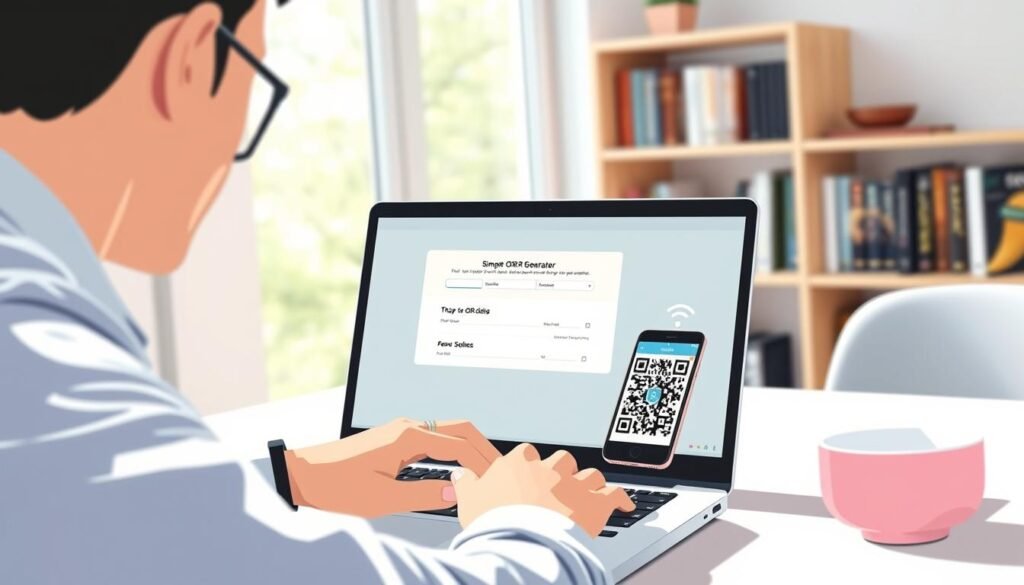 A clean, modern workspace featuring a stylish laptop displaying a simple QR code generator interface on the screen. In the foreground, a person wearing smart casual attire, focused on the laptop, with hands poised over the keyboard, highlighting the ease of use. The middle ground includes a cup of coffee and a smartphone scanning a QR code, emphasizing the practical applications of QR codes. In the background, a softly blurred shelf with books about technology and design, creating an atmosphere of innovation and efficiency. Bright, natural lighting floods the scene through a nearby window, enhancing the sense of a productive environment. The overall mood is encouraging, reflecting simplicity and accessibility in technology. A clean, modern workspace featuring a stylish laptop displaying a simple QR code generator interface on the screen. In the foreground, a person wearing smart casual attire, focused on the laptop, with hands poised over the keyboard, highlighting the ease of use. The middle ground includes a cup of coffee and a smartphone scanning a QR code, emphasizing the practical applications of QR codes. In the background, a softly blurred shelf with books about technology and design, creating an atmosphere of innovation and efficiency. Bright, natural lighting floods the scene through a nearby window, enhancing the sense of a productive environment. The overall mood is encouraging, reflecting simplicity and accessibility in technology.