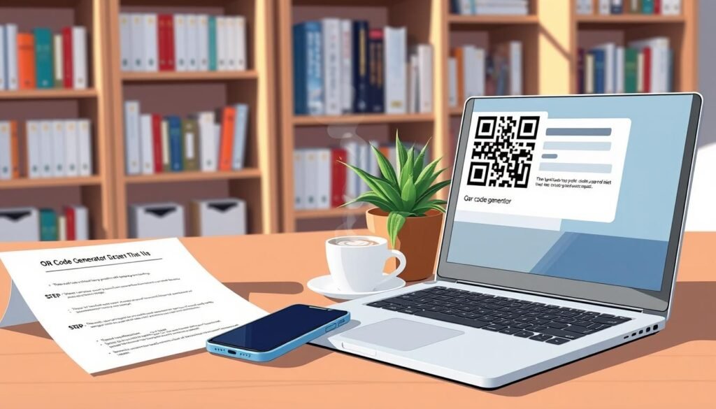 A clean, modern workspace showcasing the step-by-step process of creating a QR code. In the foreground, a sleek laptop is open, displaying a user-friendly QR code generator interface. Beside it, a printed guide with bullet points outlining each step lies next to a smartphone scanning a QR code. In the middle ground, a potted plant adds a touch of greenery, and a cup of coffee steams gently to create a cozy atmosphere. The background features a well-organized bookshelf filled with technology books. Soft, natural lighting illuminates the scene, creating a professional yet approachable feel, inviting beginners to engage with the QR code creation process. The perspective is from a slight angle, emphasizing the workspace and the tools involved in generating a QR code. A clean, modern workspace showcasing the step-by-step process of creating a QR code. In the foreground, a sleek laptop is open, displaying a user-friendly QR code generator interface. Beside it, a printed guide with bullet points outlining each step lies next to a smartphone scanning a QR code. In the middle ground, a potted plant adds a touch of greenery, and a cup of coffee steams gently to create a cozy atmosphere. The background features a well-organized bookshelf filled with technology books. Soft, natural lighting illuminates the scene, creating a professional yet approachable feel, inviting beginners to engage with the QR code creation process. The perspective is from a slight angle, emphasizing the workspace and the tools involved in generating a QR code.